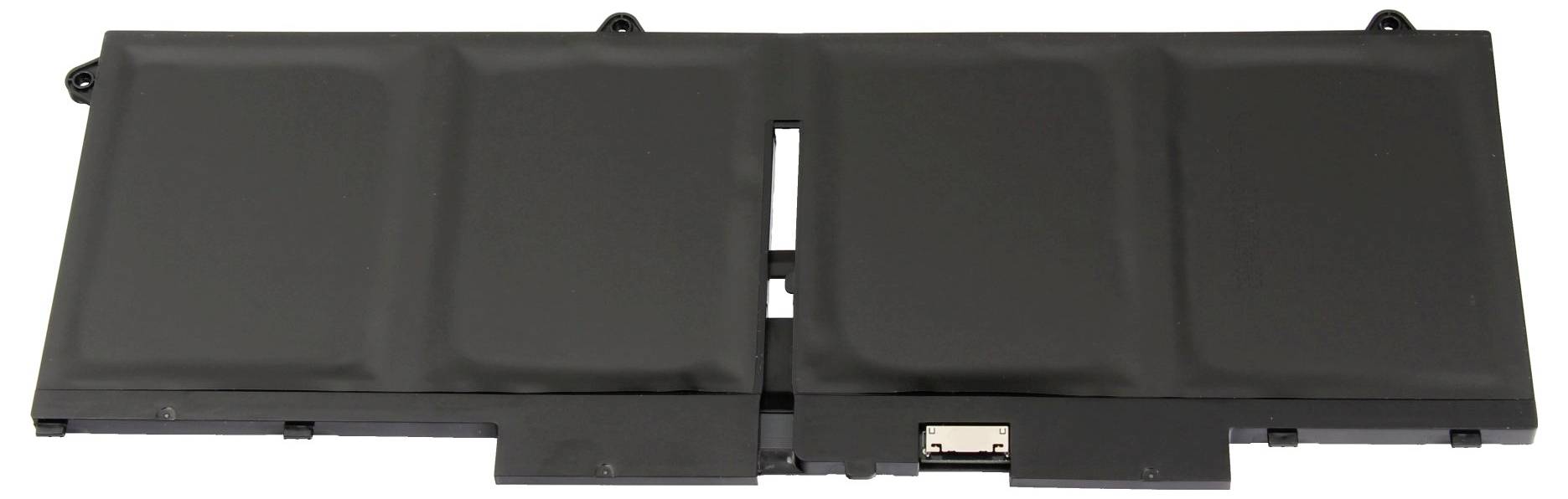 Schwarzer rechteckiger Laptop-Akku mit mehreren Abschnitten und einem zentralen Anschlussport, gezeigt auf weißem Hintergrund.