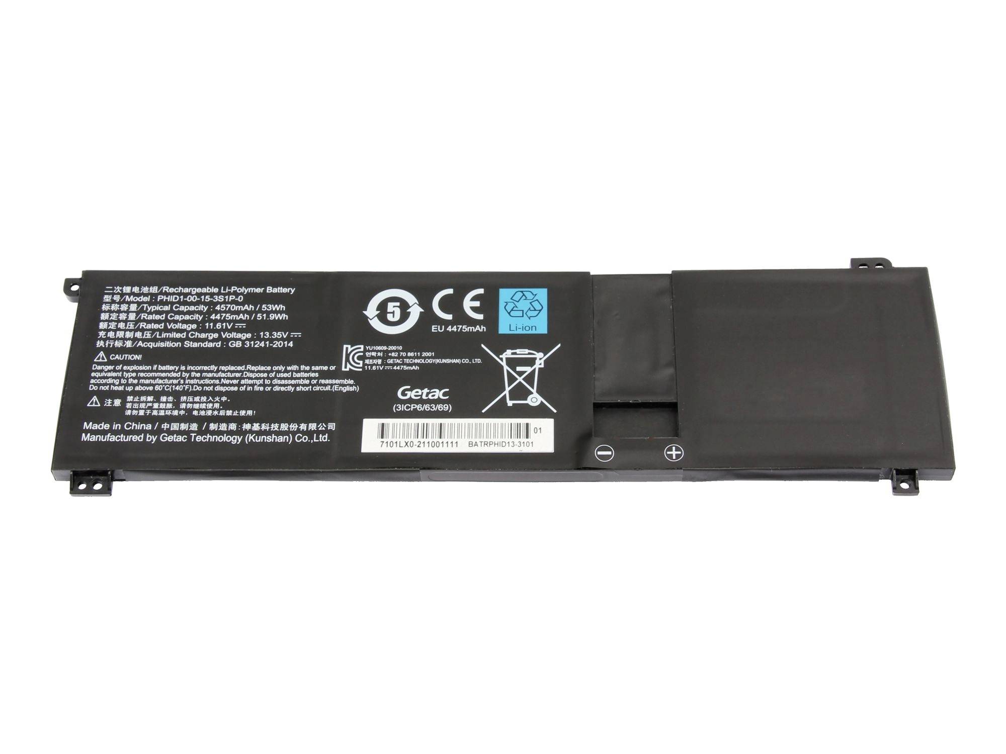 Schwarzer Laptop-Akku von Getac mit Sicherheits- und Recycling-Symbolen auf weißem Hintergrund.
