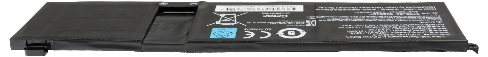 Schwarzes Laptop-Akku-Pack in Seitenansicht, eine lange rechteckige Ersatzbatterie mit Etikett und Sicherheitskennzeichnungen.