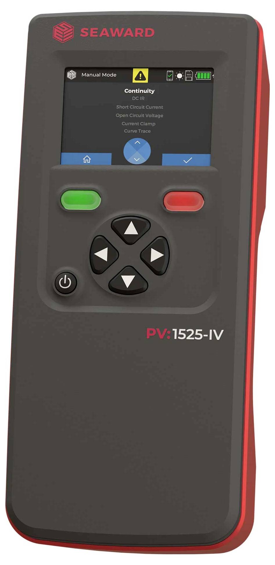 Tragbarer SEAWARD PV:1525-IV Elektrotester mit Bildschirm im Durchgangsprüfmodus, Statussymbolen, Navigationstasten und grünen/roten Funktionstasten.