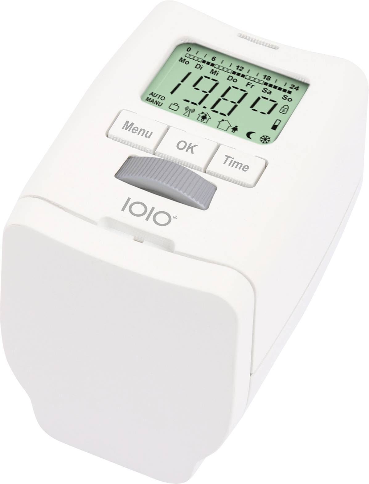 Weißes programmierbares digitales Thermostat mit LCD-Display und Menü-, OK- und Zeit-Tasten auf einem wandmontierten Gerät.