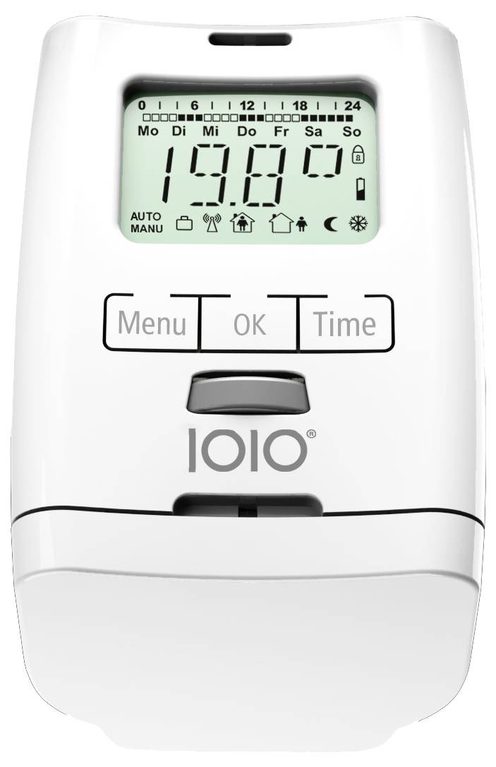 Weißes digitales Thermostat mit Anzeige von 19,0°C, mit Menü-, OK- und Zeit-Tasten sowie Anzeige von Wochentag und Uhrzeit auf dem Display.