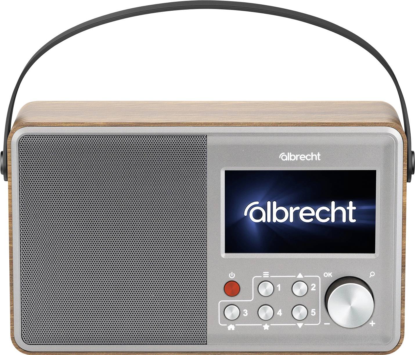 Tragbares Albrecht-Radio mit Holzmaserungsgehäuse, großem Lautsprechergitter, Tragegriff, kleinem Display und Bedientasten.