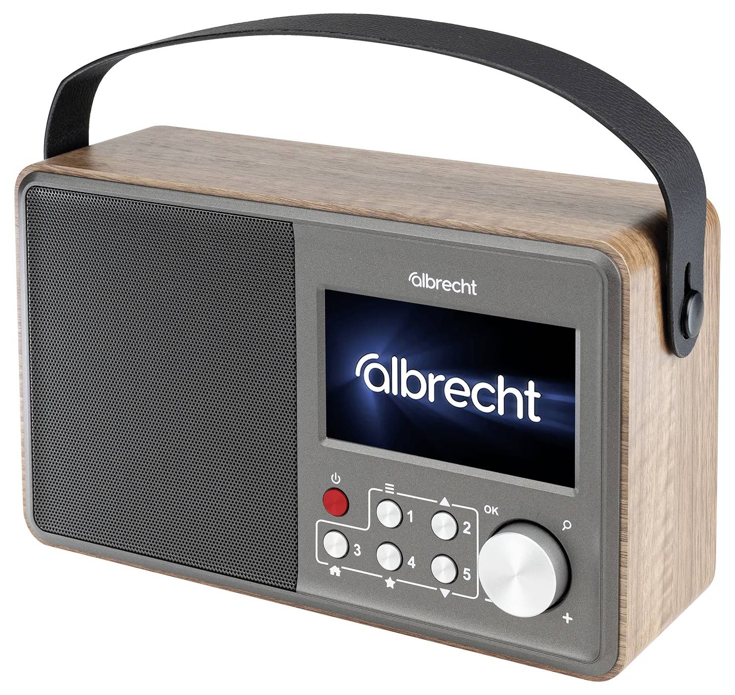 Tragbares Albrecht-Radio mit Holzfinish, Tragegriff, Lautsprechergitter, Display, Voreinstellungstasten und Abstimmknopf.