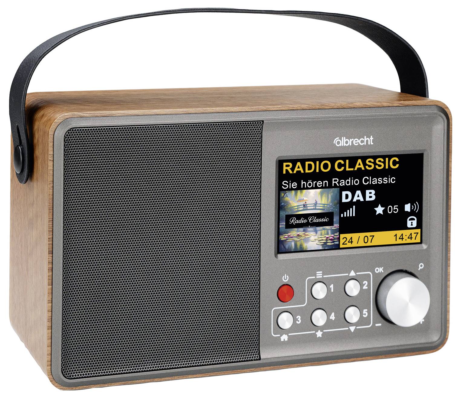 Tragbares Holz-DAB-Radio mit Tragegriff, Lautsprechergitter, Display mit Anzeige „RADIO CLASSIC