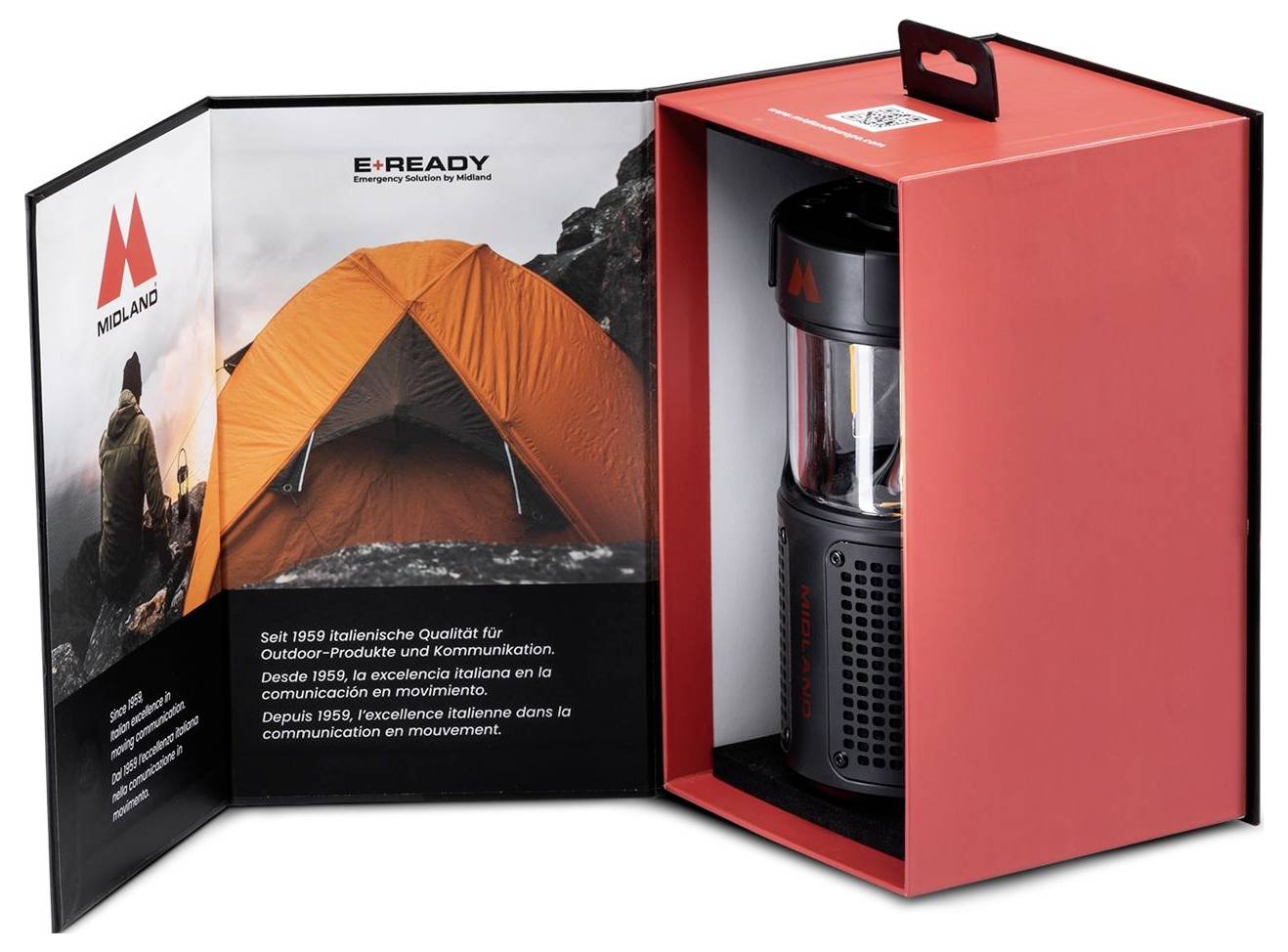 Rote Campinglaterne in einer Schachtel mit Zeltabbildung und „E-READY