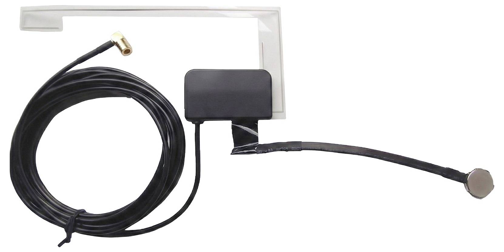 Schwarzer drahtgebundener Sensor mit rundem Metallplättchen und rechteckigem Stecker, befestigt auf einem transparenten Klebemontagestreifen auf weißem Hintergrund.