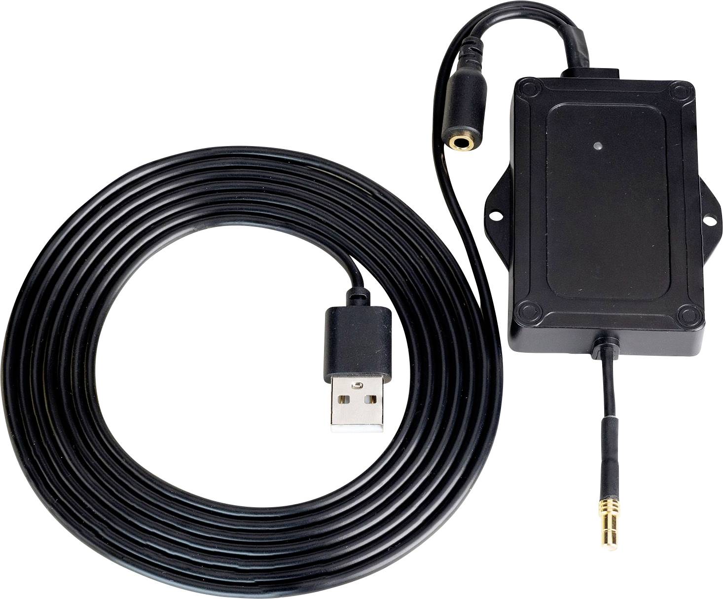 Aufgerolltes USB-Kabel, das mit einer schwarzen Inline-Box mit audiotypischen Buchsen verbunden ist, dargestellt auf weißem Hintergrund.