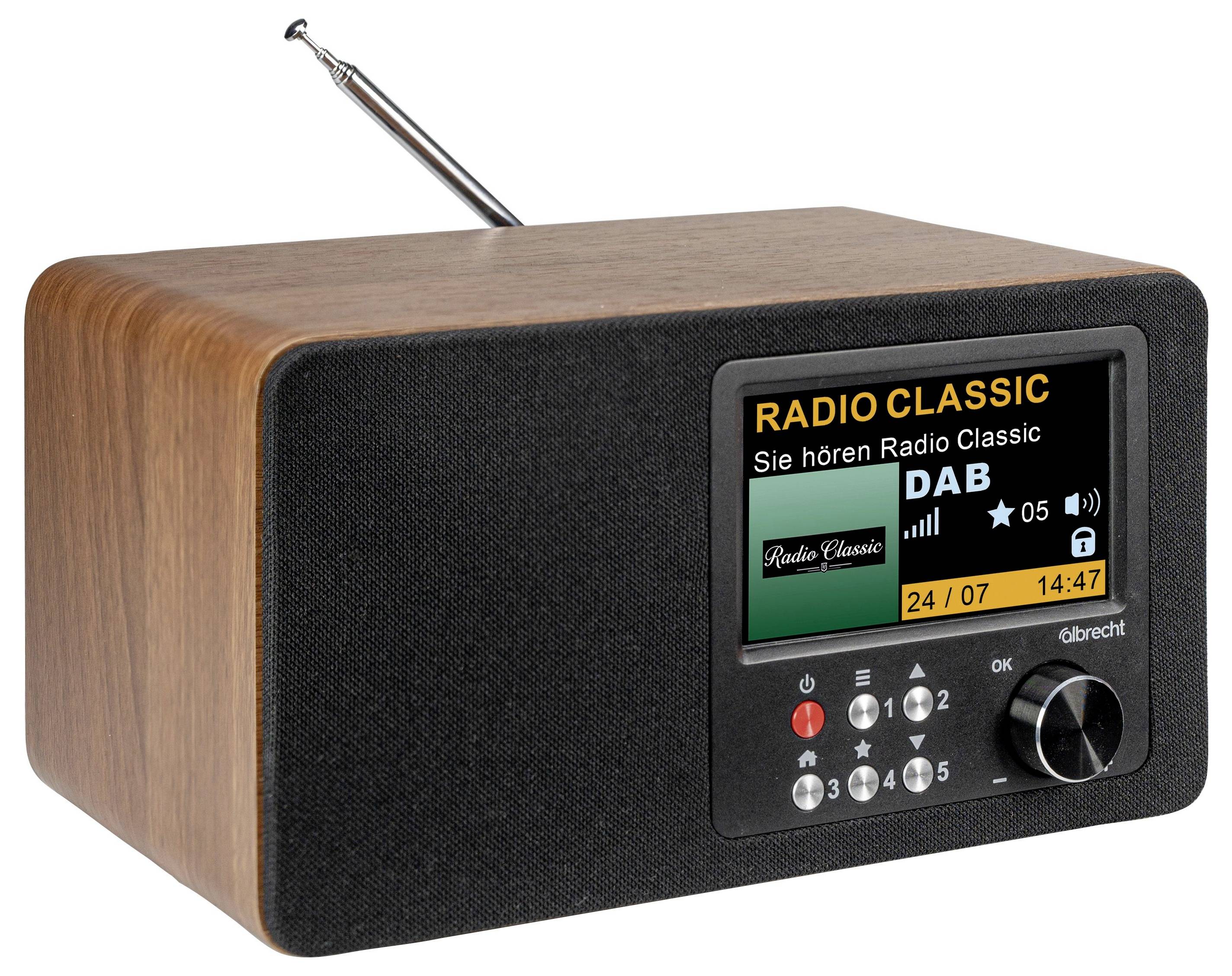 Kompaktes Holz-Tischradio mit Antenne, zeigt ein Farbdisplay, das auf „RADIO CLASSIC