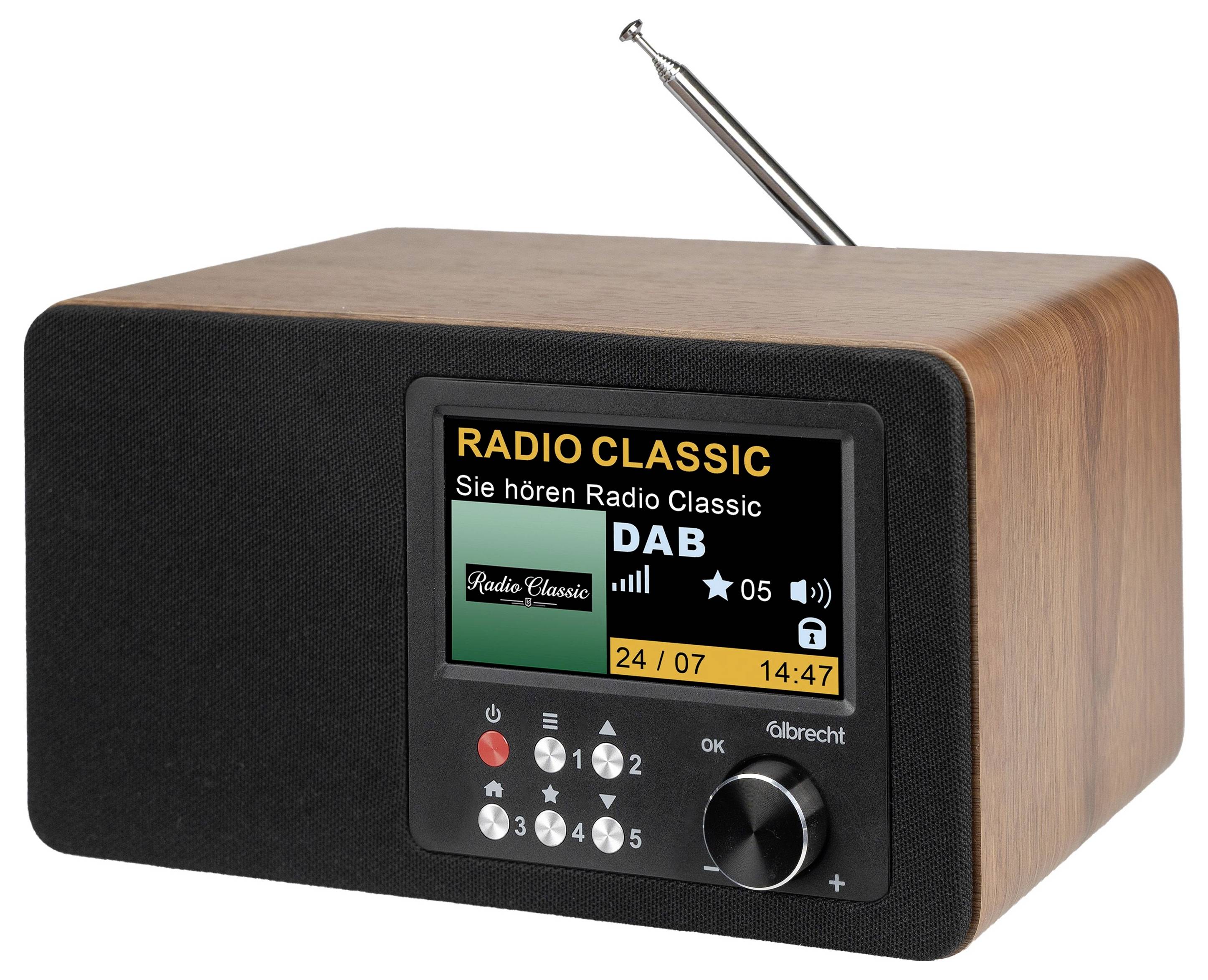 Holztischplattform-Digitalradio mit schwarzem vorderen Lautsprecher und Display, das die DAB-Station „RADIO CLASSIC