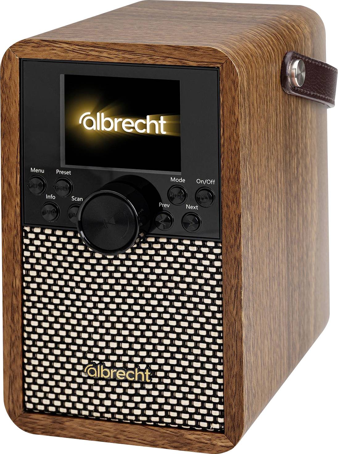 Tragbares Holzradio mit Bildschirm, auf dem „albrecht