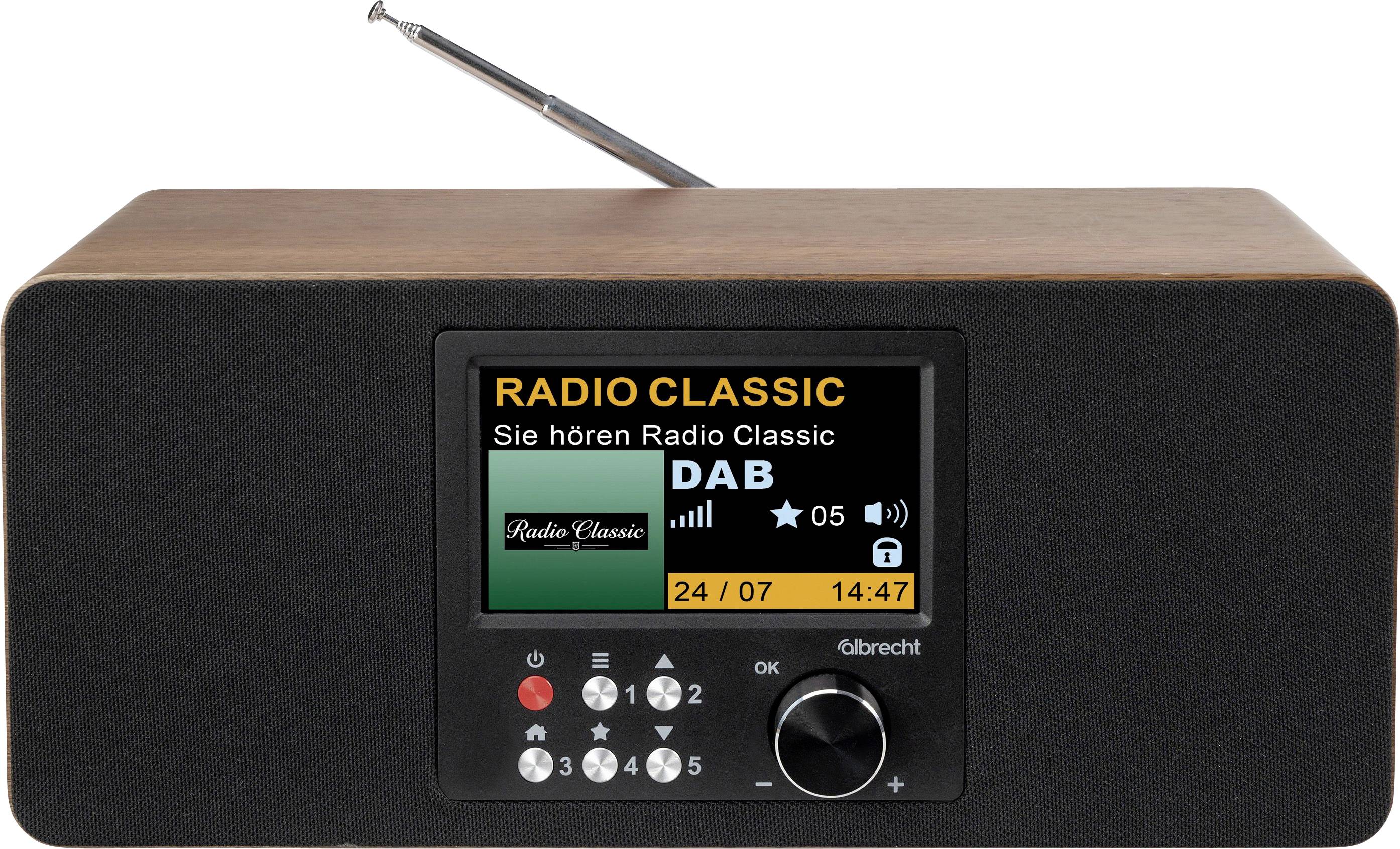 Schwarzes Tischradio mit Antenne und Farbdisplay, das die DAB-Station „RADIO CLASSIC
