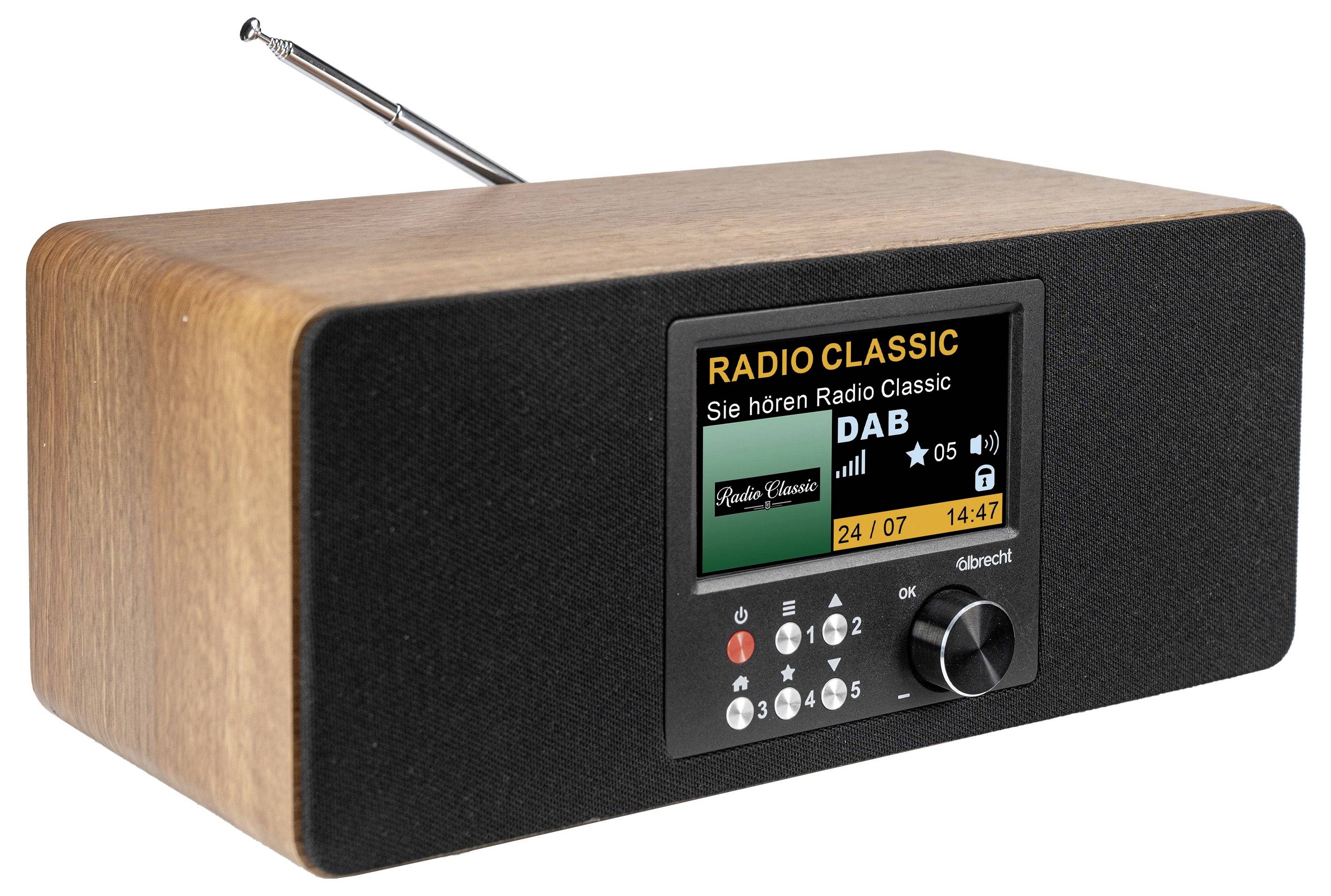 Tragbares Tischradio mit Holzmaserungsseiten, schwarzem Frontgitter, Antenne und Display mit der Anzeige 