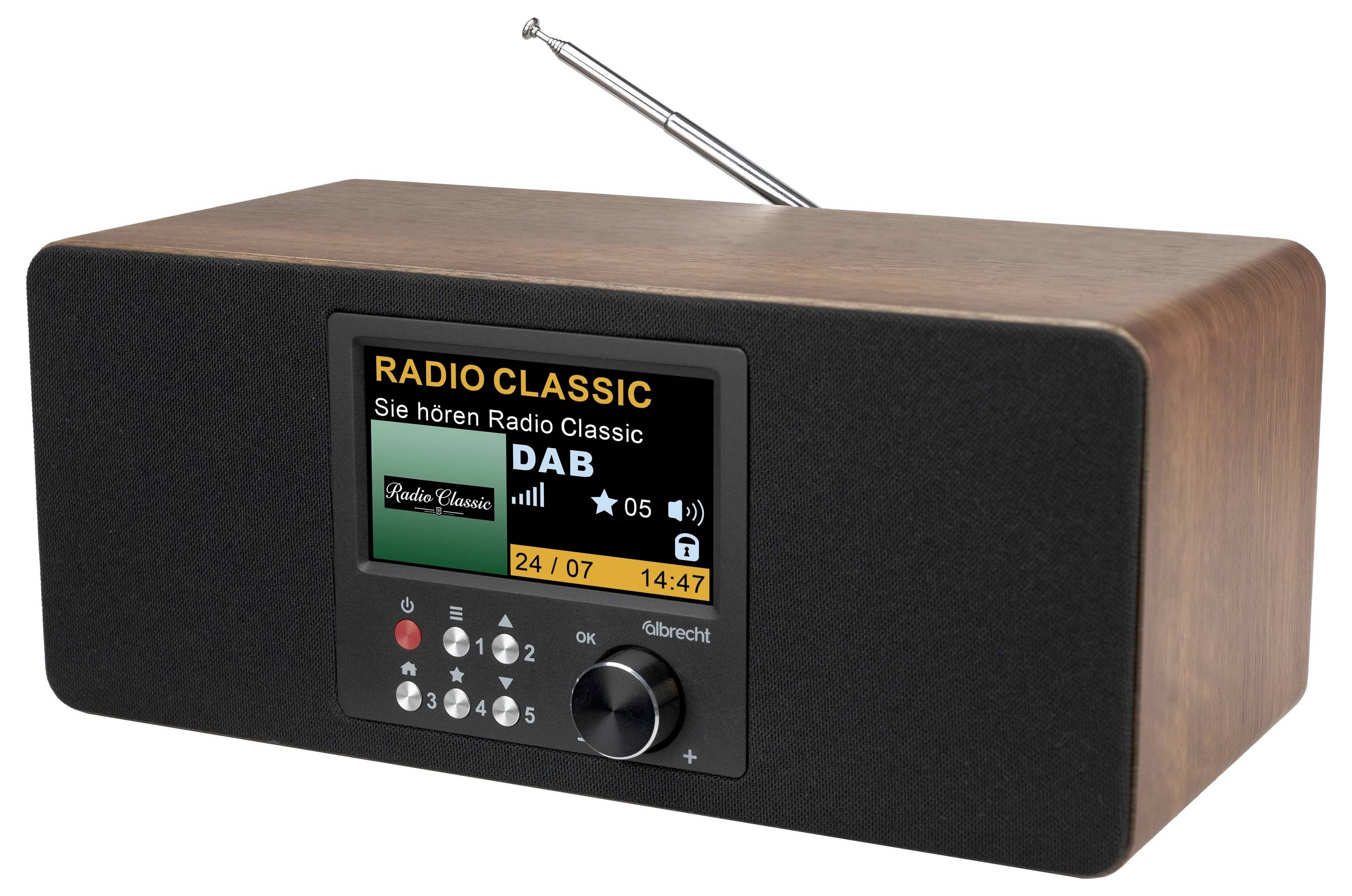 Holzernes Tischradio mit Antenne, das ein digitales Display für „RADIO CLASSIC