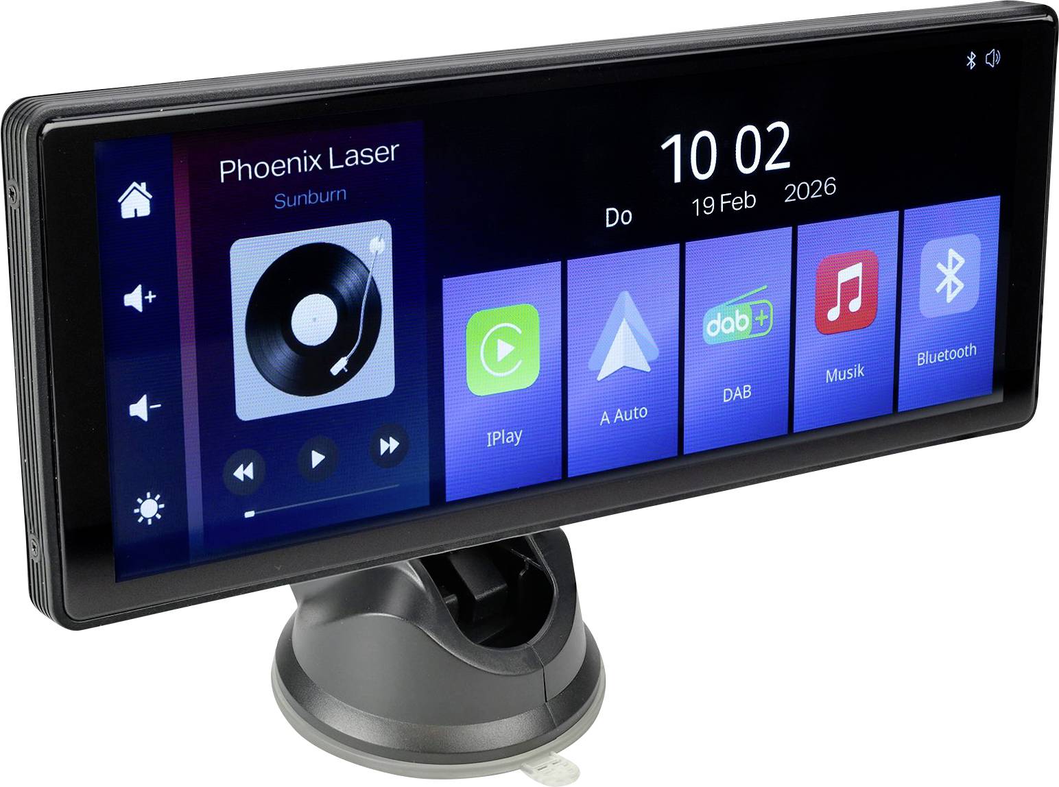 Touchscreen-Autoradio-Display mit Phoenix Laser Sunburn-Oberfläche mit Musik-Player, Uhrzeit 10:02, Datum 19. Feb 2026, und App-Kacheln für iPlay, Navigation, DAB, Musik und Bluetooth.