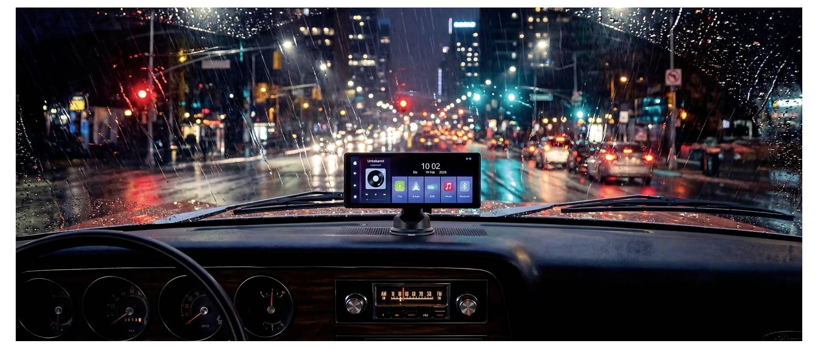 Blick aus dem Inneren eines Autos, das nachts im Regen fährt, mit Stadtverkehr und Ampeln vor uns und einem Smartphone-Dashboard-Display, das auf der Windschutzscheibe zentriert ist.