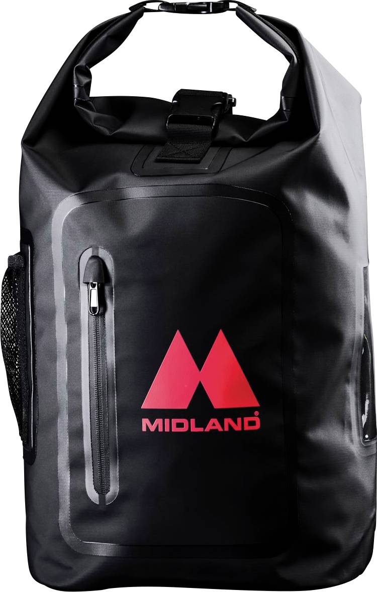 Schwarzer wasserdichter Roll-Top-Rucksack mit einer vorderen Reißverschlusstasche und rotem Midland-Logo auf der Vorderseite.