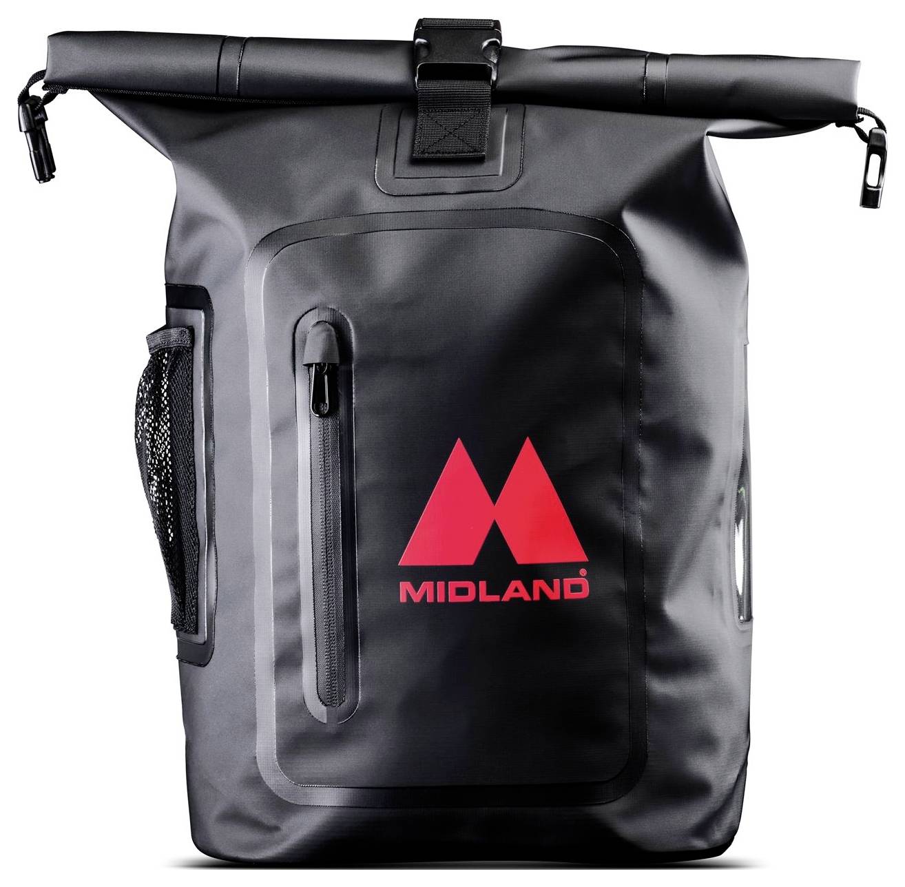 Schwarzer wasserdichter Rucksack mit Rollverschluss und rotem Midland-Logo, Reißverschlusstasche vorne, Netzstofftasche an der Seite und Schnallenverschluss oben.
