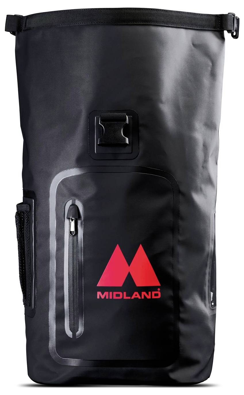 Schwarzer wasserdichter Roll-Top-Trockensack mit vorderer Reißverschlusstasche und rotem MIDLAND-Logo auf der Vorderseite.