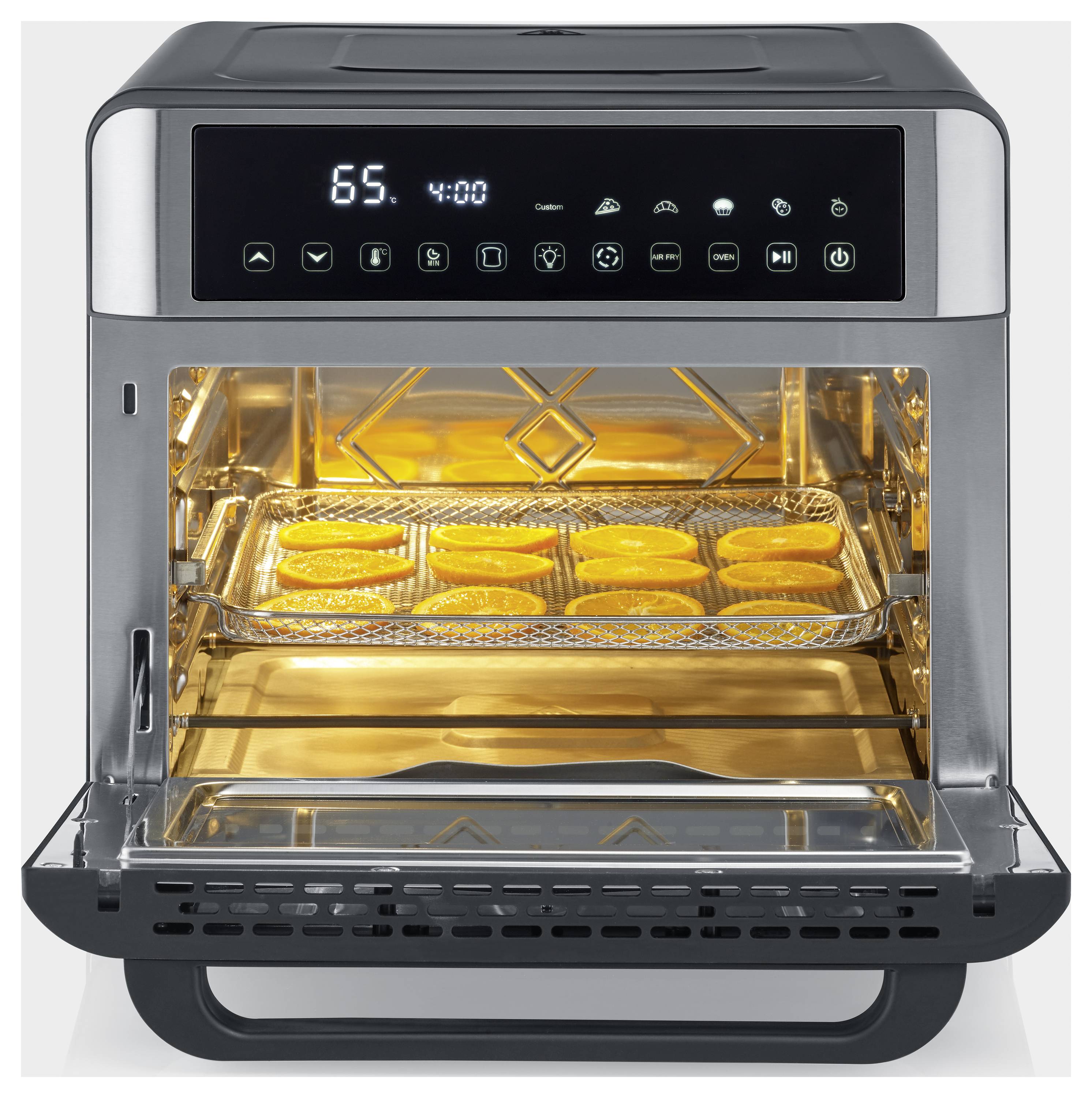 Offene Fritteuse mit Arbeitsplatte und digitales Display, beleuchtetes Inneres und Tabletts mit Speisen, die darin garen.