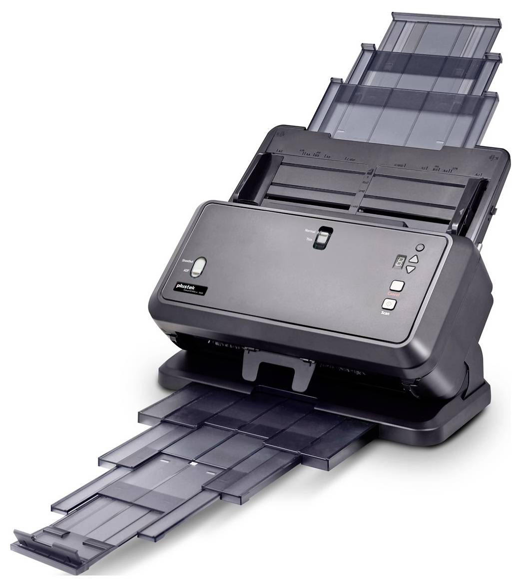 Dokumentenscanner, der Papier durch einen automatischen Dokumenteneinzug führt, gezeigt auf weißem Hintergrund.