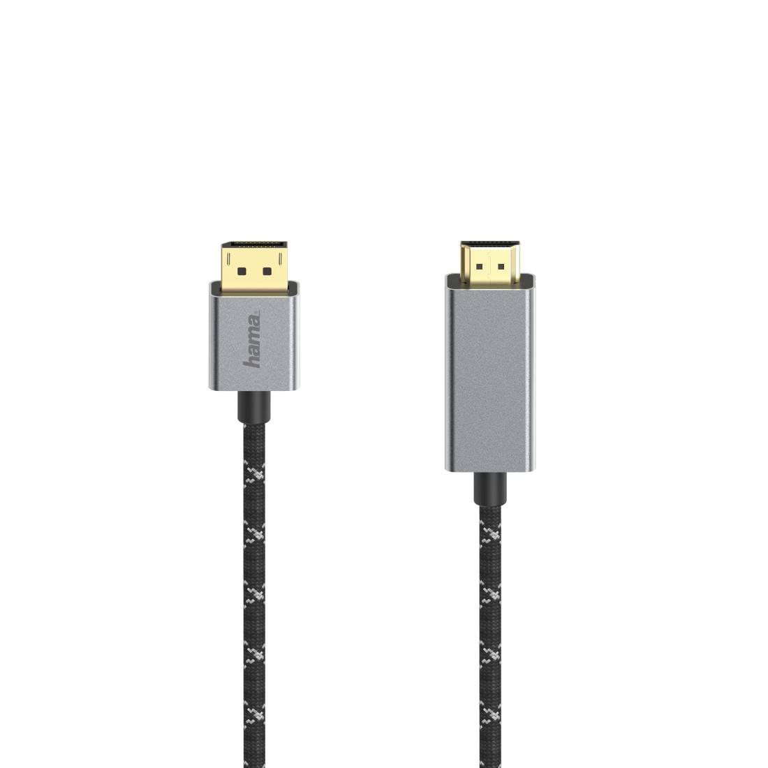 Zwei HDMI-Kabel mit grauen Anschlüssen und schwarzen gemusterten geflochtenen Kabeln, nebeneinander auf weißem Hintergrund gezeigt.