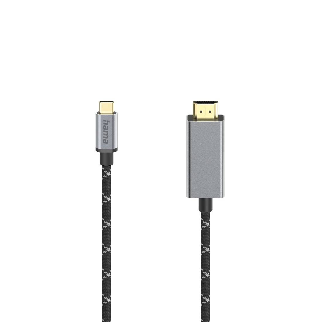 Zwei Kabelenden auf weißem Hintergrund: Ein USB-C-Anschluss und ein größerer HDMI-ähnlicher Anschluss auf einem geflochtenen schwarzen Kabel.