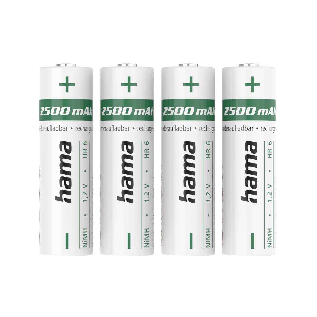 Vier wiederaufladbare Hama AA-NiMH-Batterien, jede mit einer Bezeichnung von 2500 mAh, aufrecht auf weißem Hintergrund dargestellt.