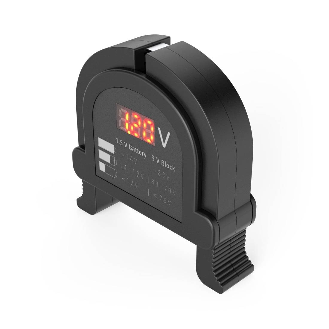 Schwarzes Batterietestgerät mit LED-Spannungsanzeige und Steckplätzen für 1,5V-Batterien und 9V-Blöcke.