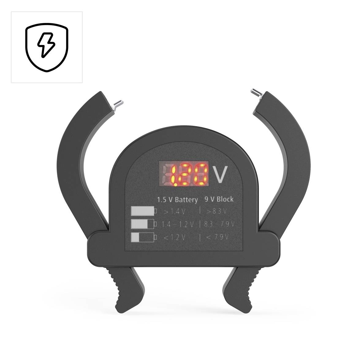 Batterietester mit Klemmzangen und digitaler Spannungsanzeige zeigt 1,20 V an, mit Statusanzeigen für 1,5-V- und 9-V-Batterien.