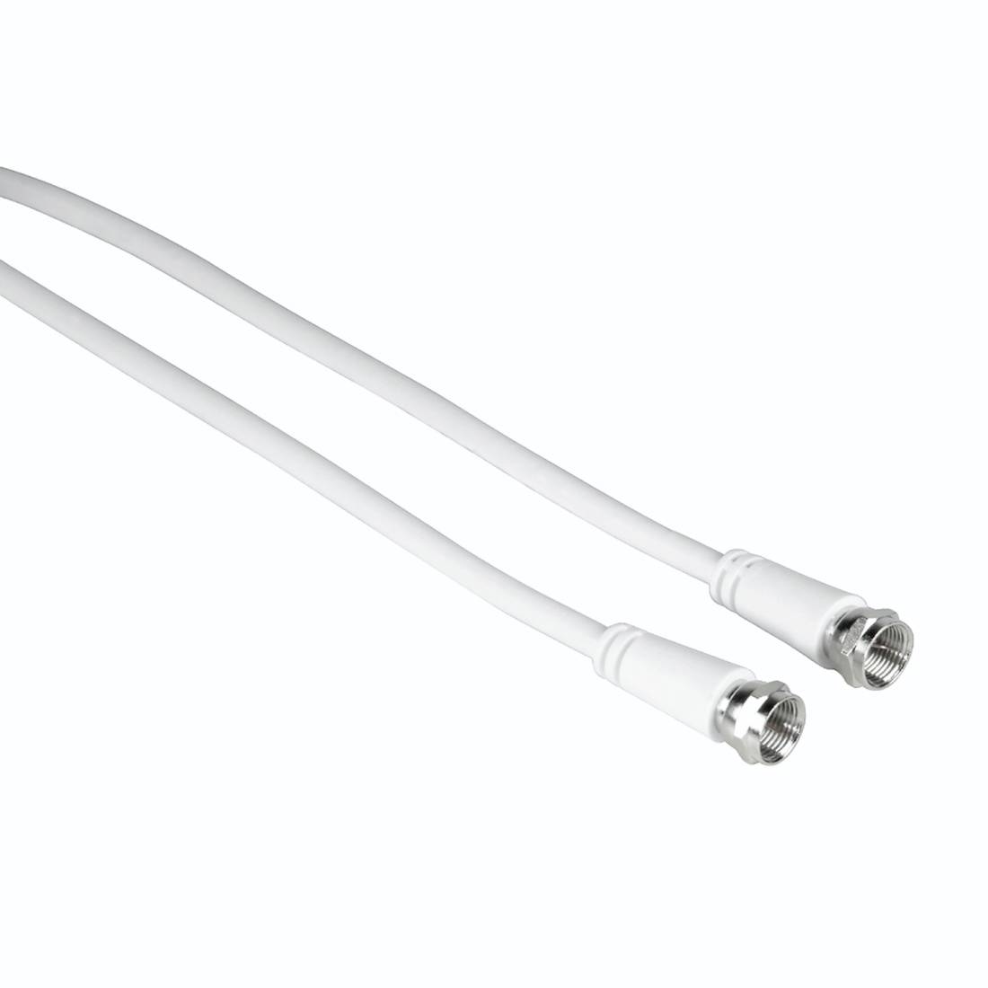 Zwei weiße koaxiale Kabel mit Metallgewindesteckern auf einem einfachen Hintergrund.