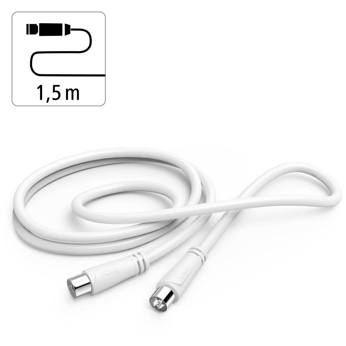 Weißes 1,5 m Kabel mit zwei Metallsteckverbindern, aufgerollt auf weißem Hintergrund dargestellt.