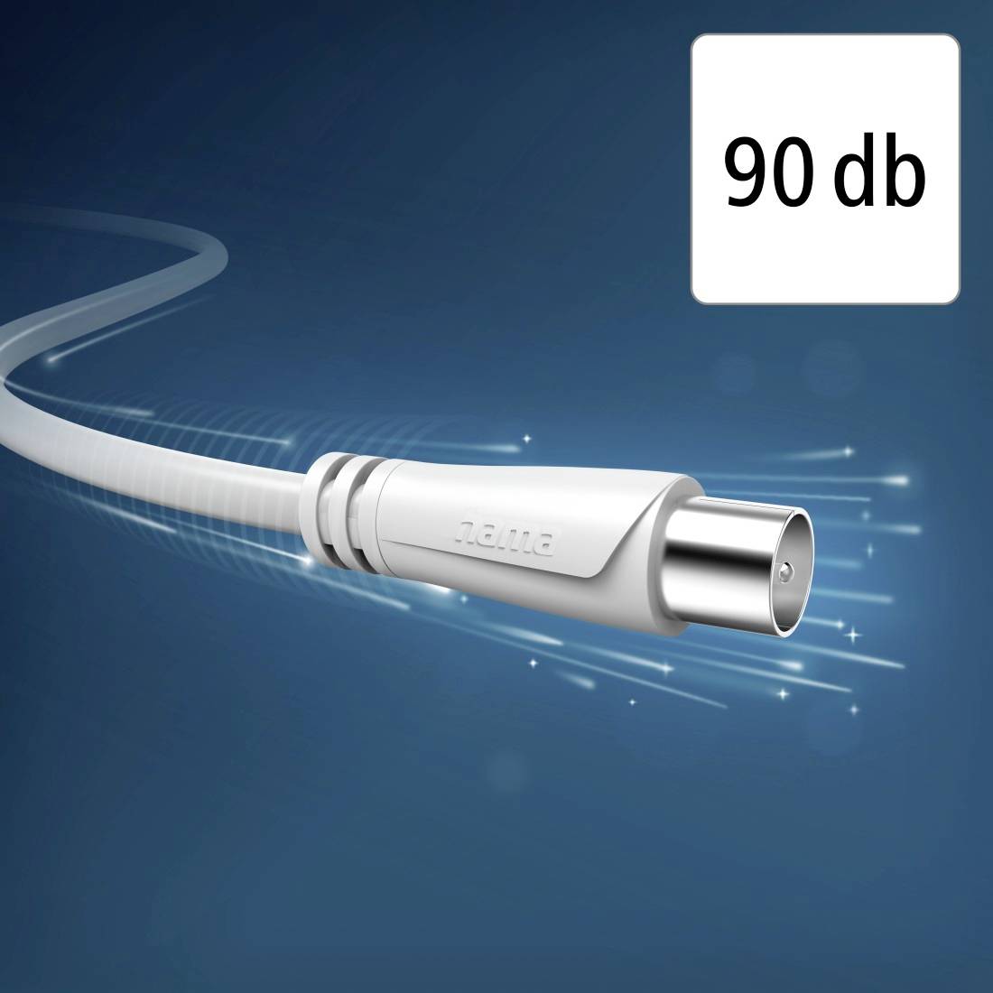 Weißer koaxialer Kabelstecker auf blauem Hintergrund mit Bewegungsunschärfen, beschriftet mit „90 db