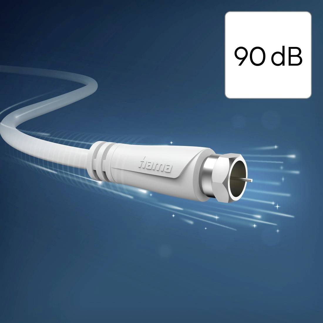 Weißer koaxialer Steckverbinder mit der Beschriftung „90 dB