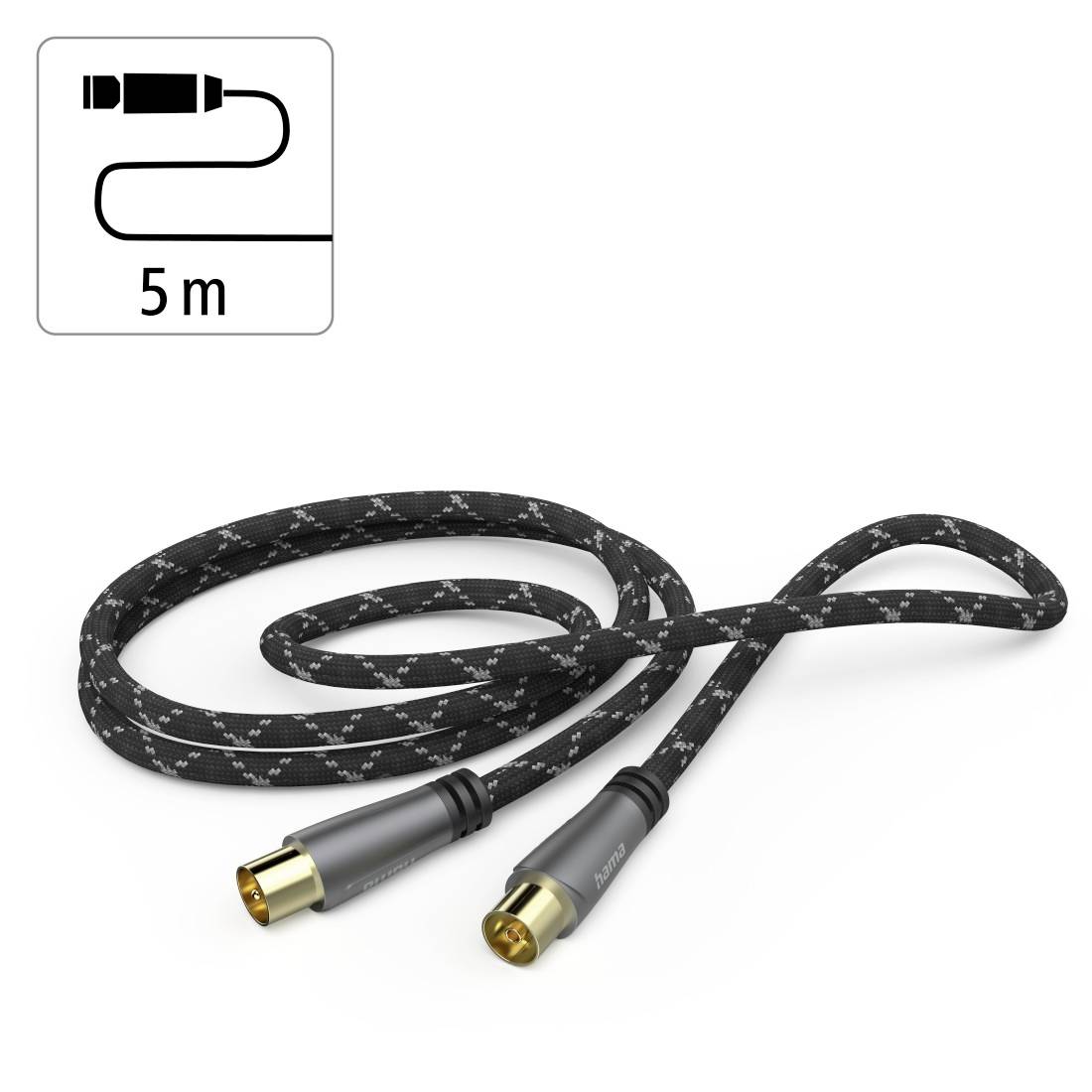 Aufgerolltes 5 m Audiokabel mit zwei vergoldeten Steckern, abgebildet auf weißem Hintergrund.