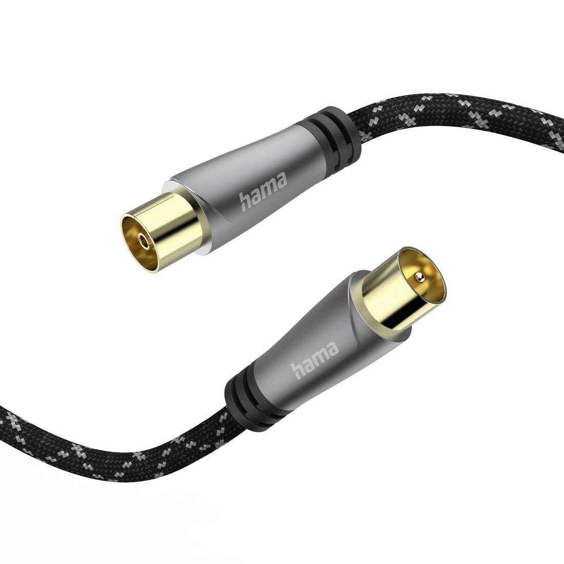 Zwei koaxiale Steckverbinder mit geflochtenem schwarzem Kabel und „hama