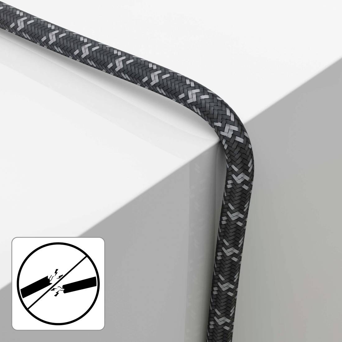 Ausgefranstes schwarzes geflochtenes Kabel, das über eine Ecke hängt, mit einem Warnsymbol, das einen beschädigten Draht und Funken zeigt.