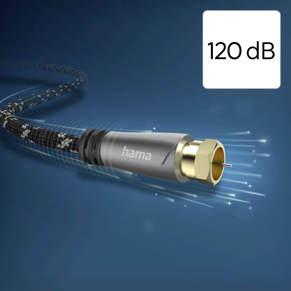 Koaxialkabelstecker mit Beschriftung „120 dB