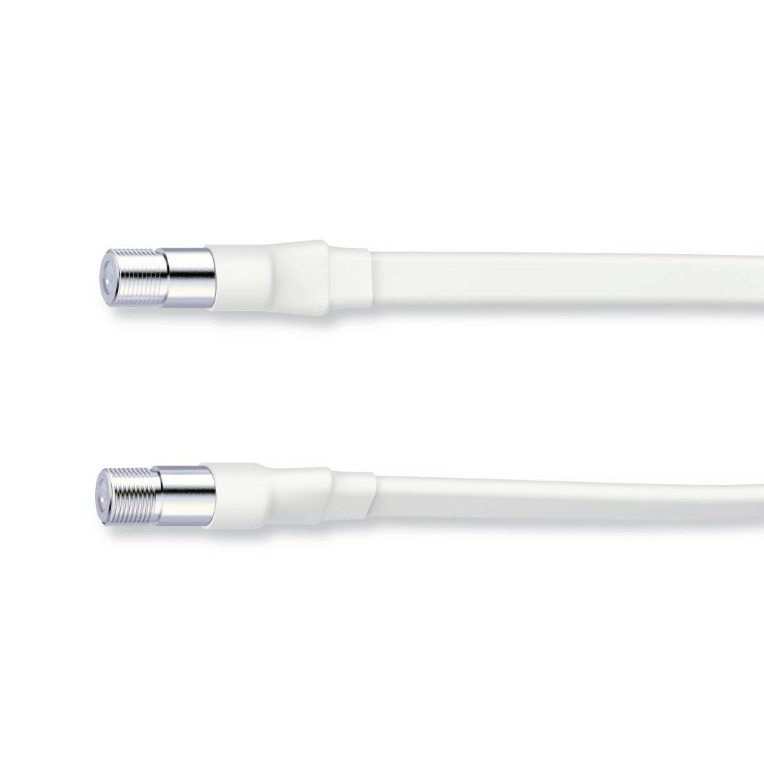 Zwei weiße koaxiale Kabel mit metallischen Gewindesteckern nebeneinander auf einem einfachen Hintergrund gezeigt.