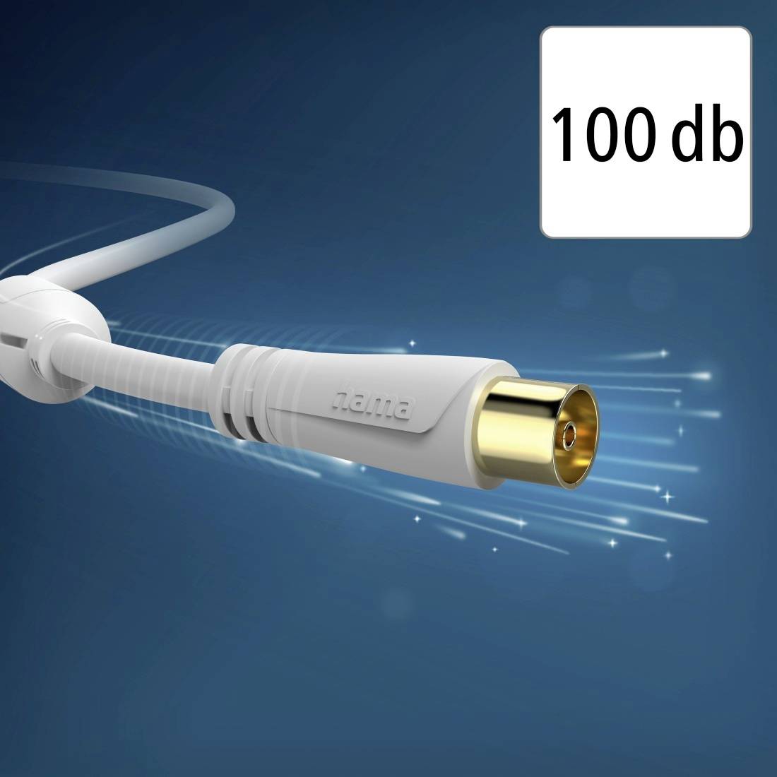 Weißes Audiokabel mit vergoldetem Stecker auf blauem Hintergrund, beschriftet mit „100 dB