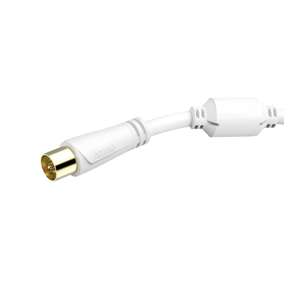 Weißer koaxialer Kabelstecker mit vergoldetem männlichen Stecker auf weißem Hintergrund.
