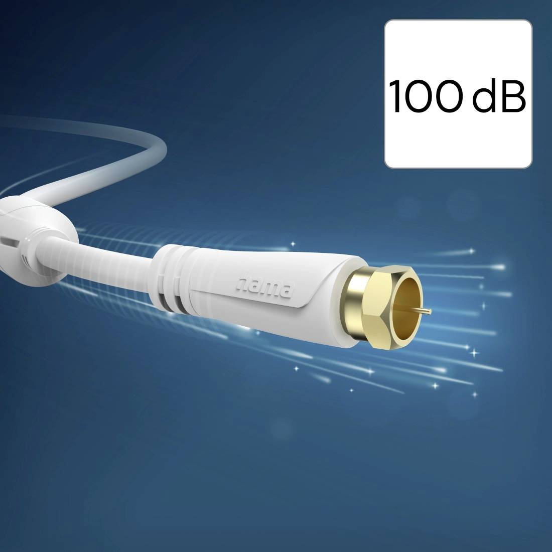 Weißer Audiokabelstecker, der Schallwellen aussendet, mit der Bezeichnung „100 dB