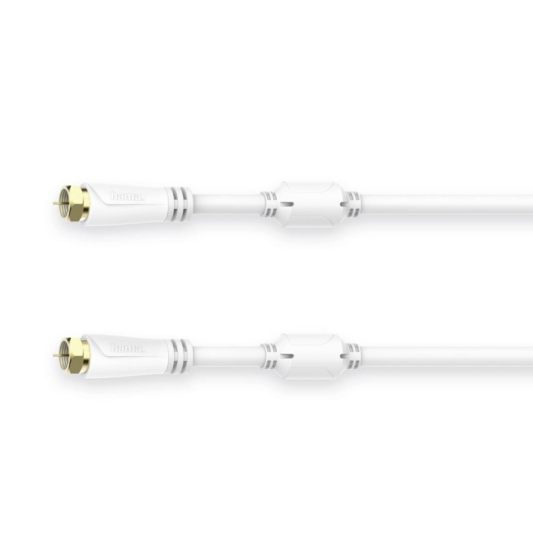 Zwei weiße koaxiale Kabel mit Goldsteckern, horizontal auf einem einfachen weißen Hintergrund abgebildet.