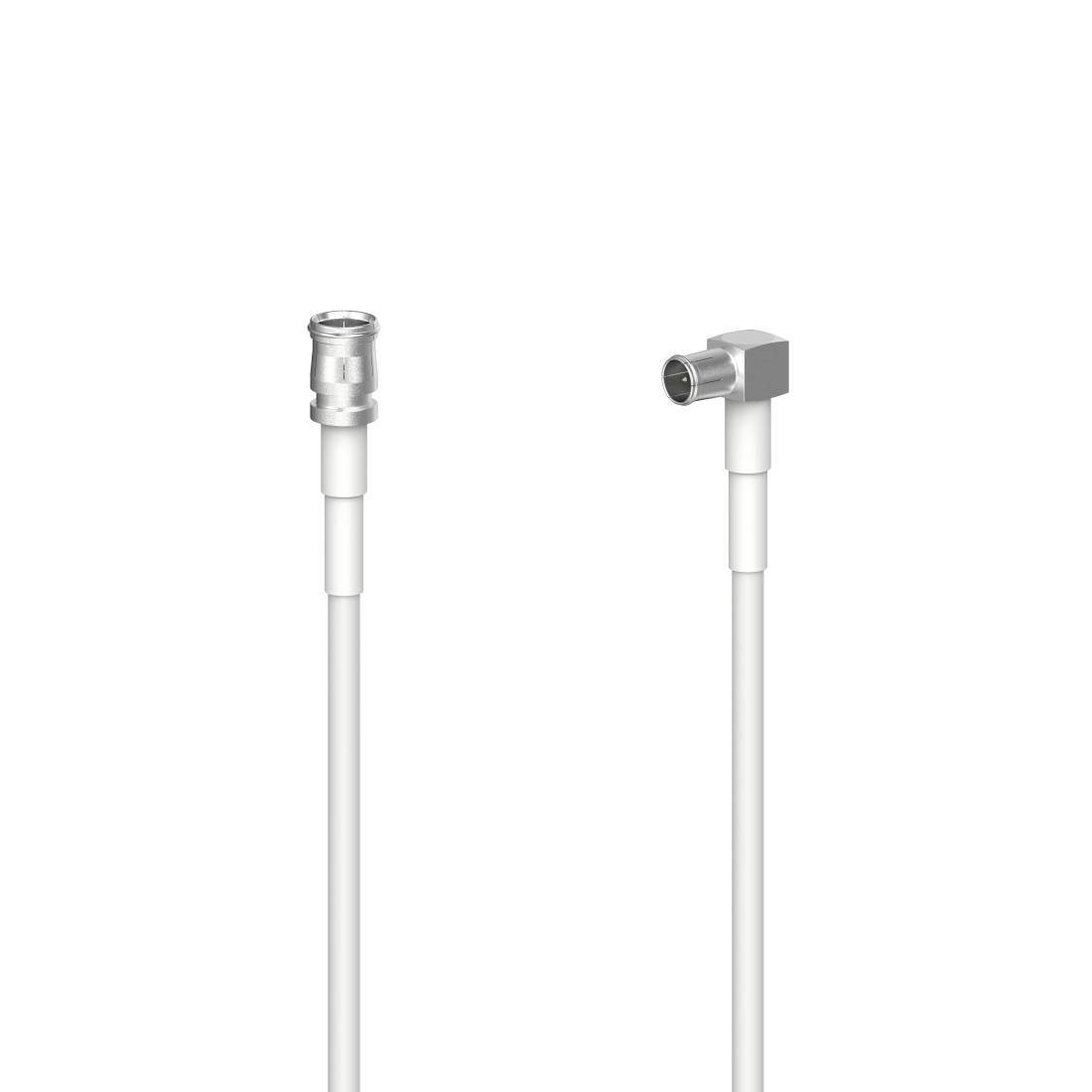 Zwei weiße koaxiale Kabel mit Metallsteckverbindern, eines gerade und eines mit rechtwinkliger Biegung, nebeneinander auf neutralem Hintergrund gezeigt.