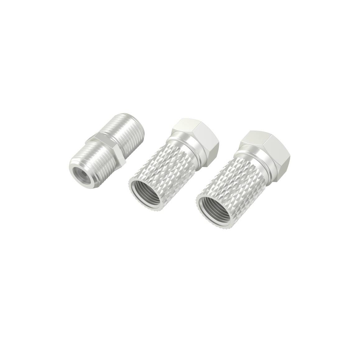 Drei silberne koaxiale Steckerverbinder/Adapter, einer glatt und zwei mit Riffelung, auf weißem Hintergrund dargestellt.