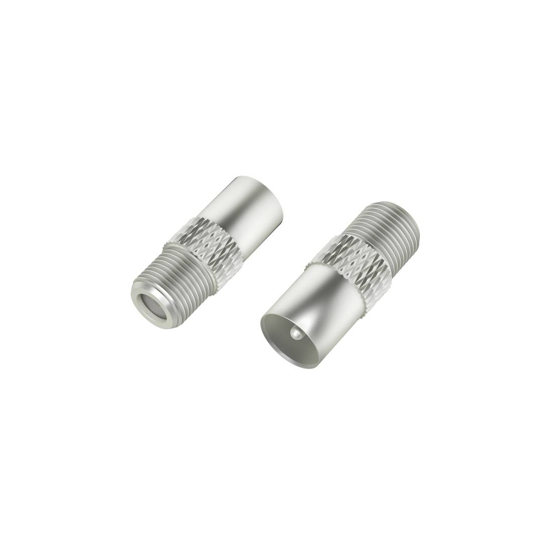 Zwei silberne Metallkoaxialkabelstecker auf weißem Hintergrund.