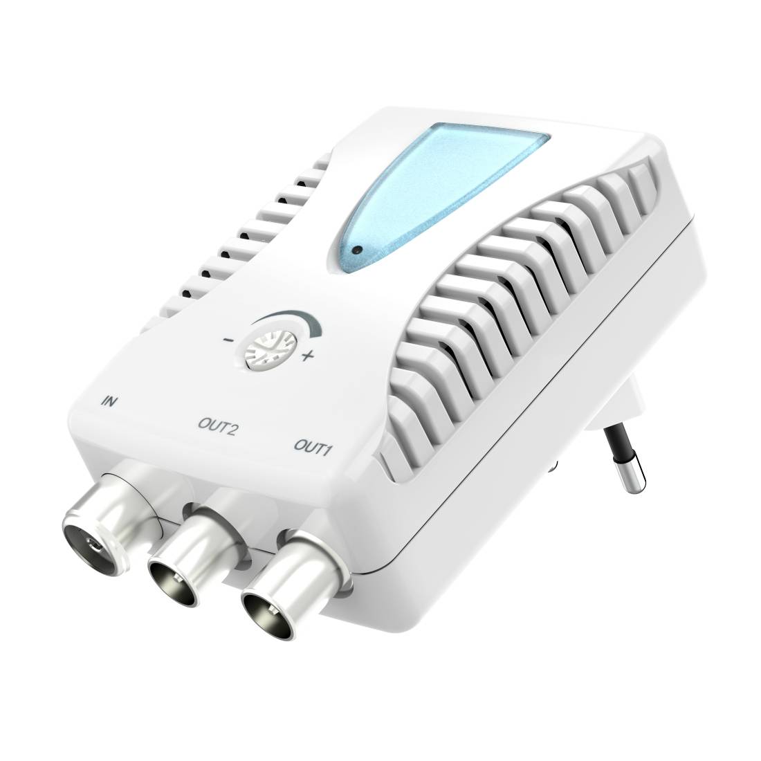 Weißer elektrischer Luftreiniger oder Ionizer mit blauem Oberflächen-Panel, Lüftungsöffnungen auf beiden Seiten und drei beschrifteten vorderen Düsen auf weißem Hintergrund.