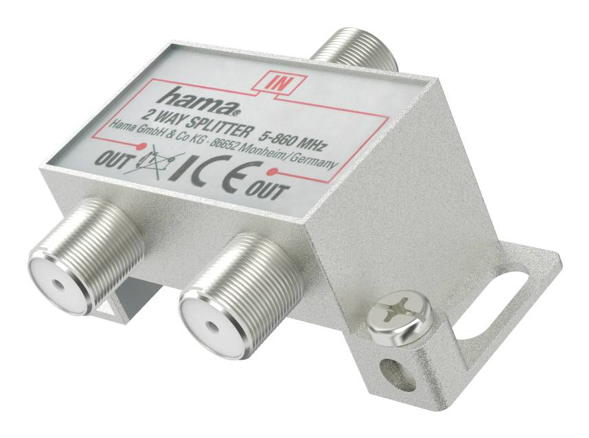 Metall-Koaxial-2-Wege-Splitter mit Beschriftung „IN