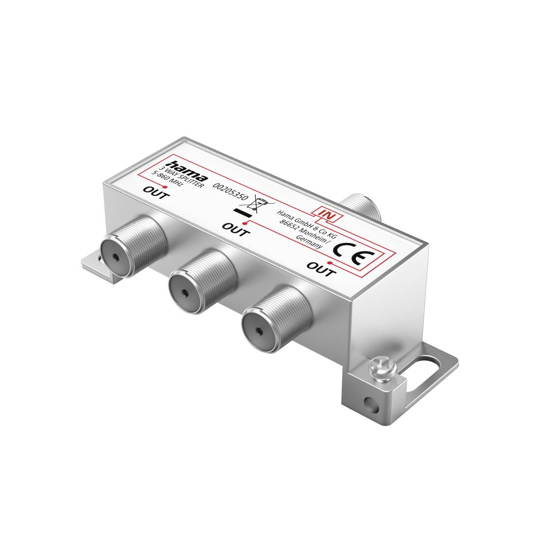 Metallische koaxiale Signalverteilerbox mit einem Eingangsanschluss und drei Ausgangsanschlüssen, oben mit 