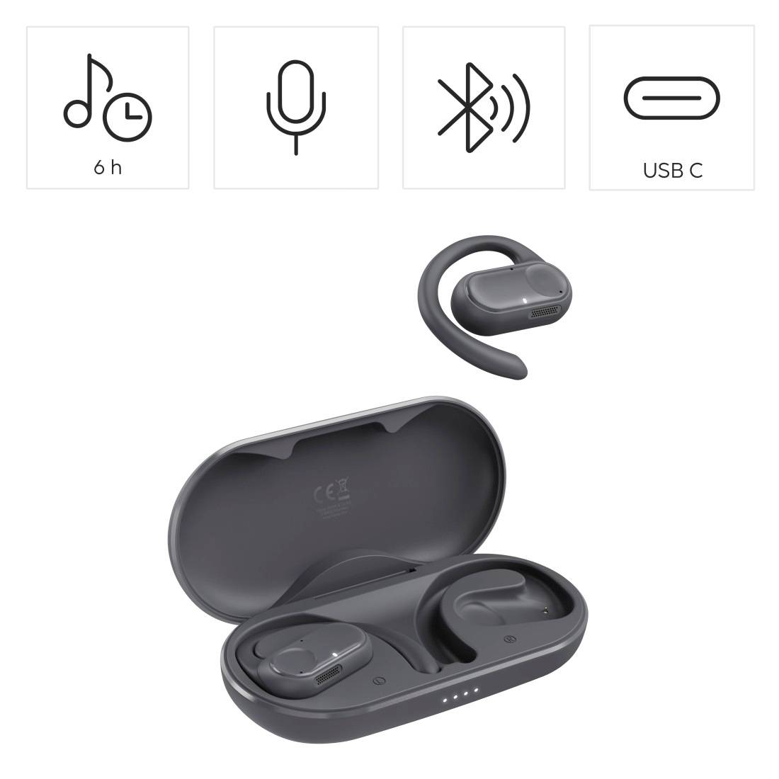 Kabellose Bluetooth-Ohrbügel-Kopfhörer mit Ladecase; Symbole zeigen 6-Stunden-Akku, Mikrofon, Bluetooth und USB-C-Ladung.